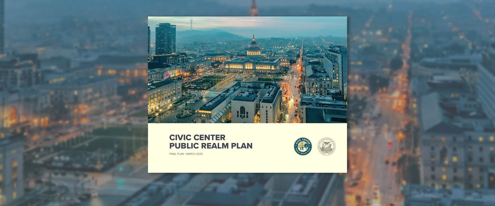 Aerial view above City Hall at dusk, alluminated building lights, looking west along McAllister Street with views of the Main Public Library, Davies Symphony Hall, and other civic buildings around the plaza.